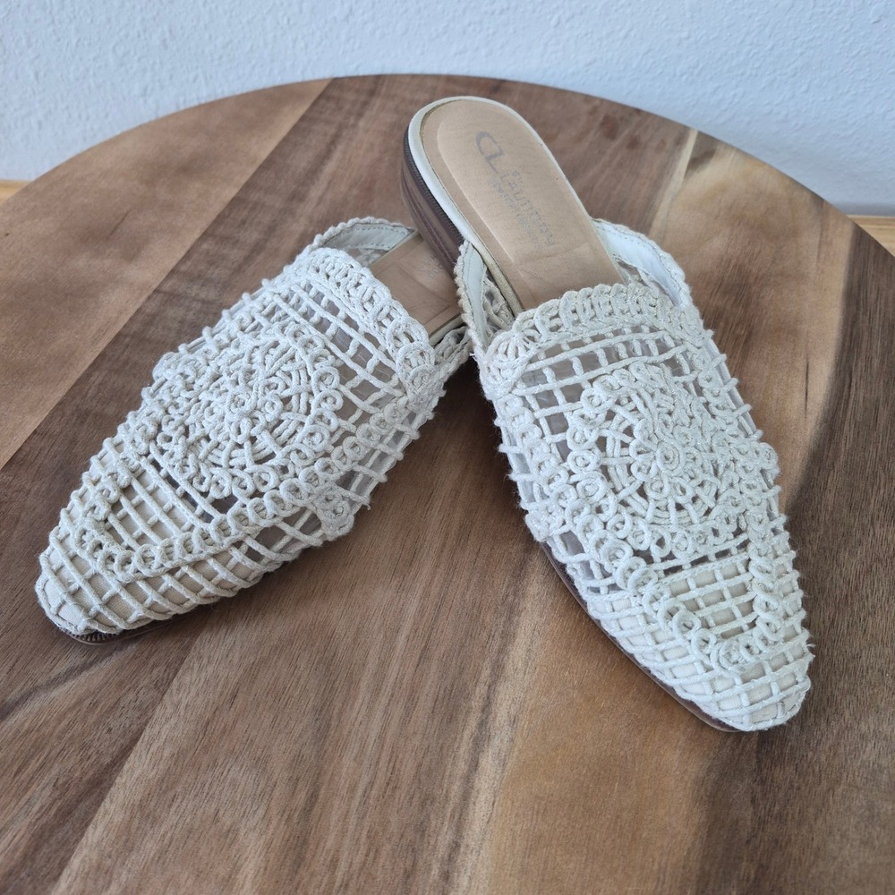 CL Laundry Mules Macrame Crochet Pointed Toe Flat Cream Ivory Bohemian Boho